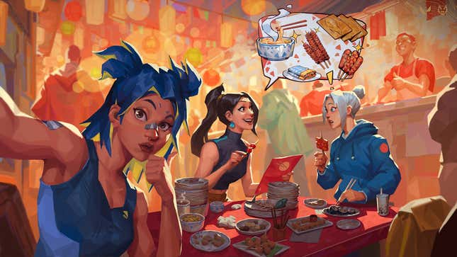 Valorant art shows several femme characters eating together at a restaurant.