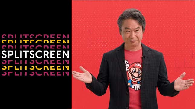 Nintendo's Shigeru Miyamoto stands next to the Splitscreen podcast logo wearing a Mario t-shirt.