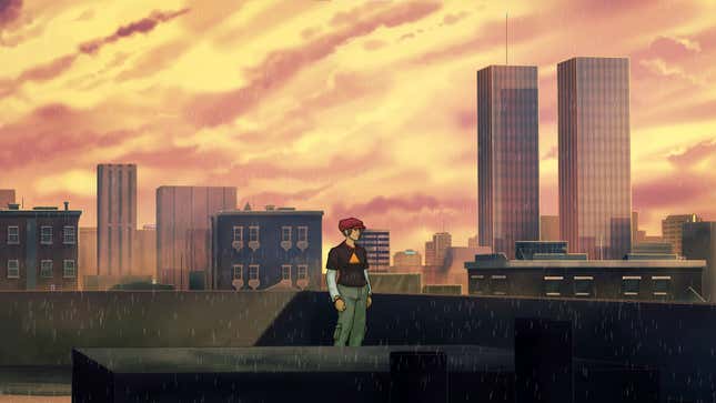 The protagonist of Old Skies looks out at the World Trade Center in '90s-era New York City.