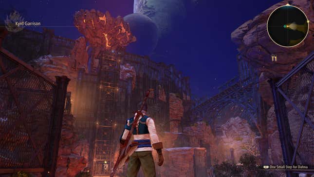 Tales of Arise's Iron Mask look at a fortress during the night.
