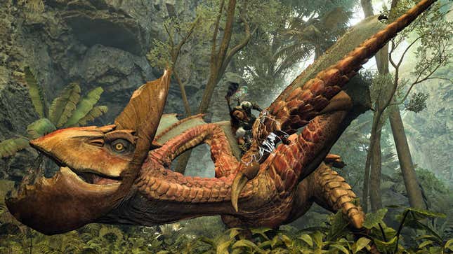A hunter crouches on the back of a Yian Kut-Ku in a forest.