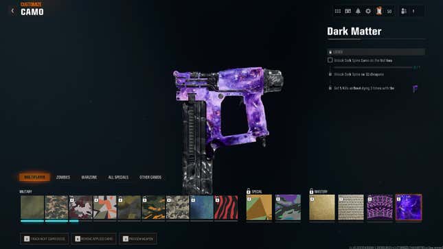La sélection de skins de pistolets à clous dans Black Ops 6.