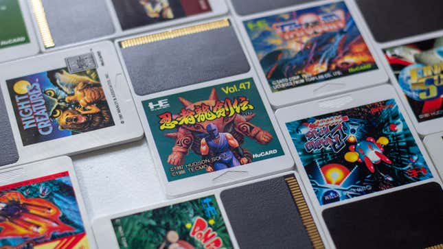 A variety of colorful PC Engine and TurboGrafx-16 HuCards are arranged in a pleasing way.
