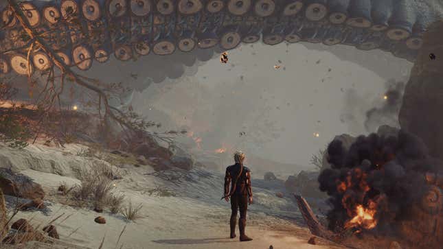 Astarion stands amongst the wreckage of the crashed Nautiloid.