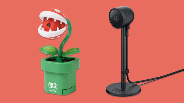 A licensed Pirahna Plant camera stands next to the official Switch 2 camera.