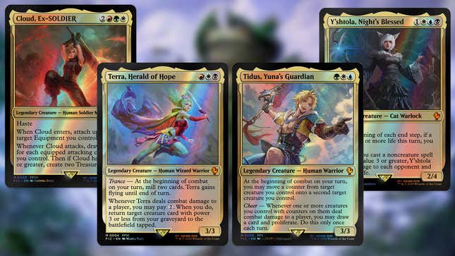 Cloud, Terra, Tidus, and Y'shtola are all featured on Magic: The Gathering cards.