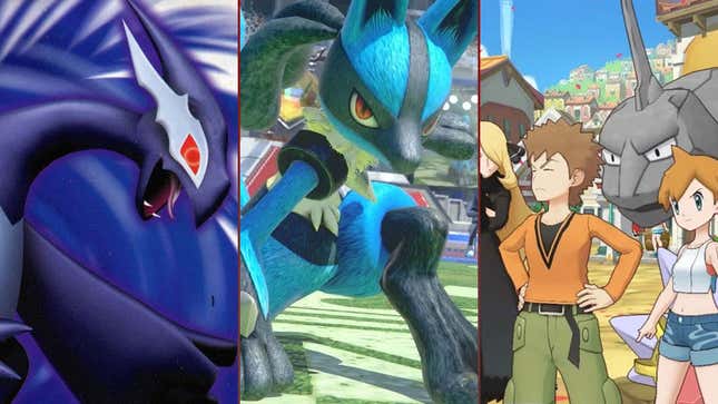 A trio of Pokemon images from Pokemon XD: Gale of Darkness, Pokken Tournament, and Pokemon Masters.