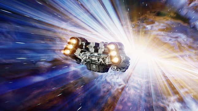 A Starfield spaceship gravjumps from one galaxy to another.