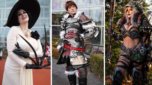 Lady Dimetrescu, Ardbert, and a Monster Hunter cosplayer pose at Katsucon 2024.