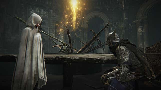 A woman in a cloak talks to a knight.
