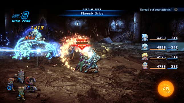 Characters fight in a retro-looking battlefield.