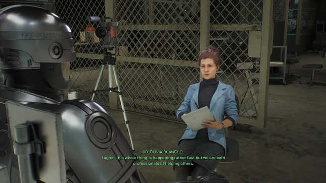 A screenshot shows RoboCop talking to his therapist.