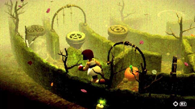 A young woman running through a circular maze