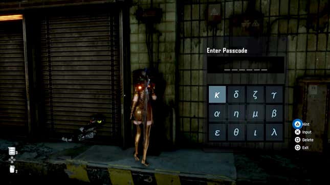 Stellar Blade protagonist Eve prepares to punch in the passcode to Aaron's Locker in the main hub world of Xion.