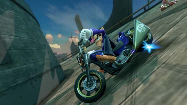 Waluigi fait une course de moto.