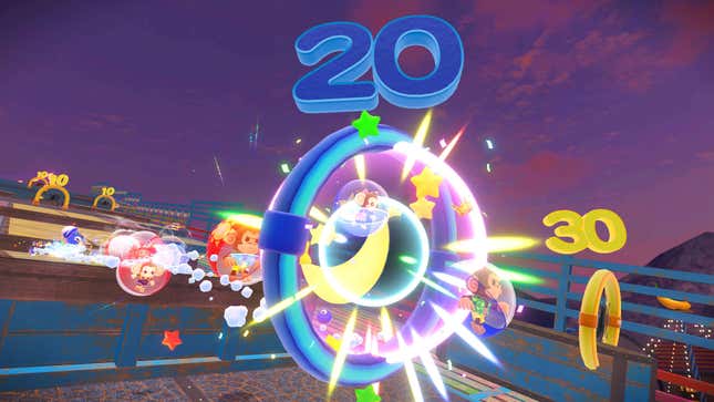 Monkeys in balls flying through a circle with numbers appearing all over.