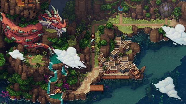 Pixel characters walk around an overworld map.