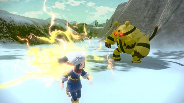 An alpha Electavire Pokemon in Legends: Arceus, setting off an electric attack.