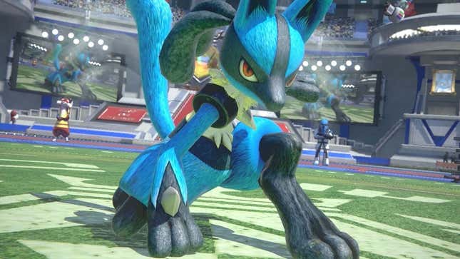 A screenshot of Lucario from Pokken Tournament. 