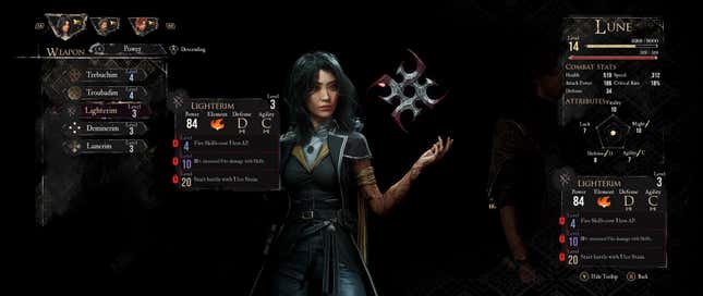 A screenshot shows Lune's weapons.