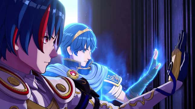 Two blue-haired warriors touch a wall.