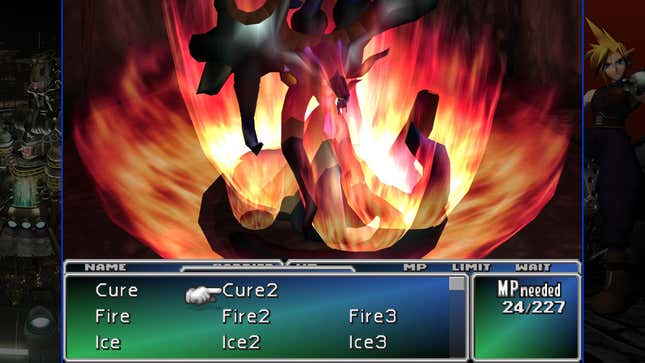 Spell options are shown in the menu while the party fights a Jenova form.
