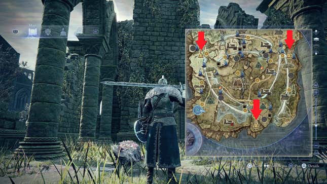 Un chevalier se tient au milieu d’un ensemble de ruines.